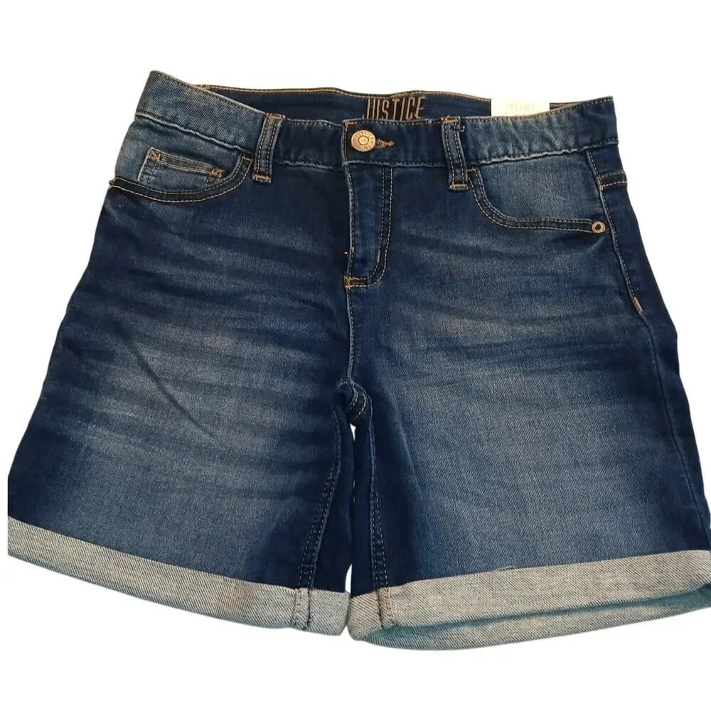 Justice Girls Dark Wash Denim Cuffed Mid Thigh Shorts - Size 16